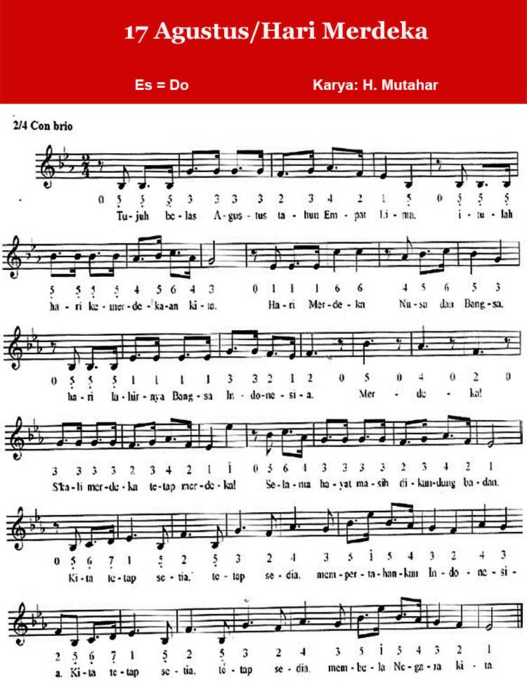Not Balok Lagu 17 Agustus Atau Hari Merdeka